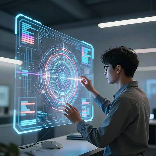 Photograph of a nerdy man with glasses and messy black hair, wearing a gray shirt, interacting with a glowing, holographic, blue and white