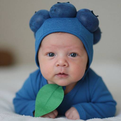 Photograph of a baby with blue eyes, wearing a blue hat with pom-poms, blue onesie, and green leaf, lying on a white