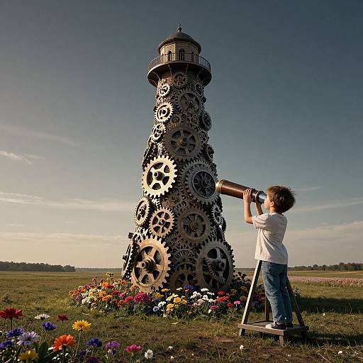 Photograph of a young boy in a white shirt and blue jeans, using binoculars on a gear-covered lighthouse surrounded by colorful flowers under a