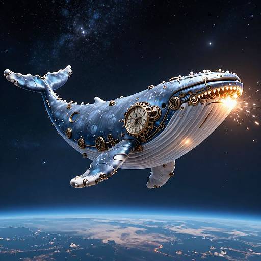 CGI image of a steampunk, gear-adorned blue whale with glowing teeth flying in space above Earth's blue horizon.