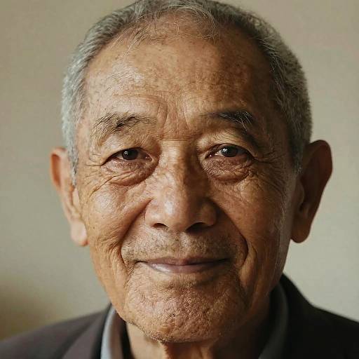 Photograph of an elderly man with gray hair, wrinkled skin, and a warm smile, wearing a dark suit, against a plain beige background.
