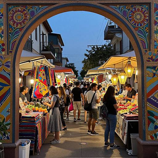 Photograph of a bustling outdoor market at dusk, framed by an ornate, colorful archway. Vendors' stalls display vibrant textiles, lanterns