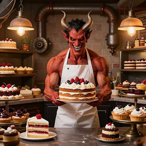 Muscular demon with red skin, black horns, and a sinister grin, wearing a white apron, presents a layered cake in a dimly lit