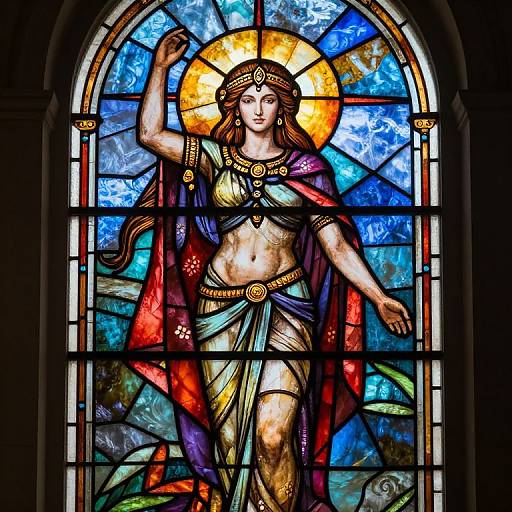 Stained glass window of a goddess with long brown hair, gold headpiece, and red and purple draped garments, set against a vibrant blue and yellow