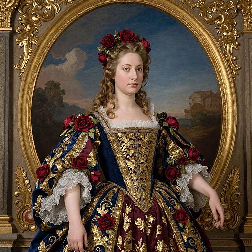 Baroque-style portrait of a young woman in ornate, floral-patterned, gold-embroidered, dark blue and red dress with lace,