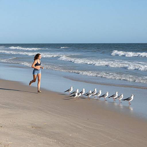 Photograph of a woman in a black bikini and blue shorts running on a sunny beach, with a line of seagulls following her along the shore