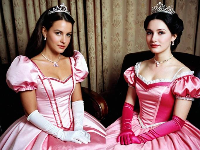 Two Women in Pink Princess Dresses with Tiaras and Gloves