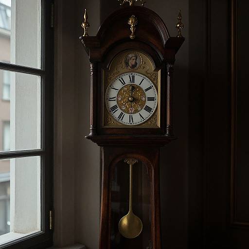Photograph of a dark wooden grandfather clock with gold accents, Roman numerals, and a suspended pendulum, standing beside a window.
