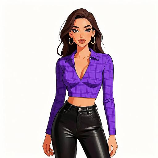 Digital illustration of a confident woman with long dark hair, wearing a purple checkered crop top, black leather pants, and large hoop earrings, against a