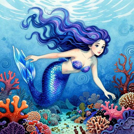 Digital illustration of a blue mermaid with flowing purple hair, exploring vibrant coral reefs underwater, with colorful coral and marine life.