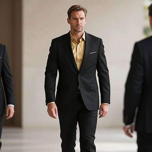 Photograph of a handsome, bearded man in a black suit with a yellow shirt, walking confidently down a brightly lit runway.