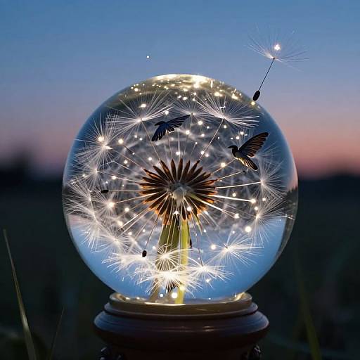 Photograph of a glowing dandelion seed head in a snow globe, backlit by twilight sky, with sparkling fairy lights.