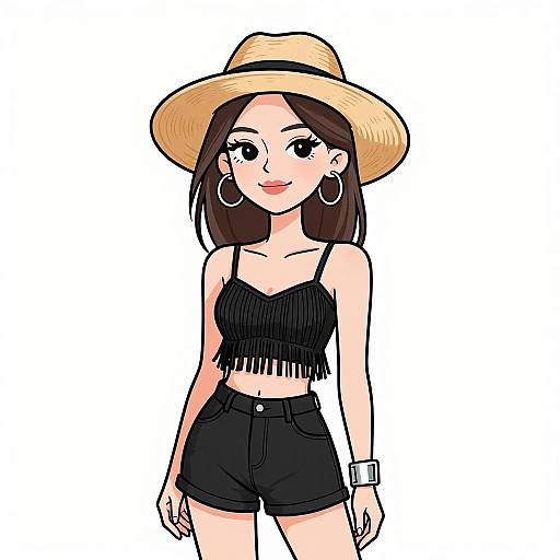 Digital illustration of a smiling young woman with fair skin, brown hair, wearing a straw hat, black fringe top, black shorts, hoop earrings, and