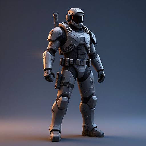 Digital CGI of a futuristic, armored soldier in blue-tinted light, standing with a rifle strapped to his back, featuring detailed, textured armor and