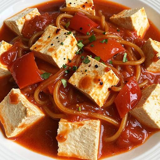 Vibrant Tofu and Noodles Close-Up