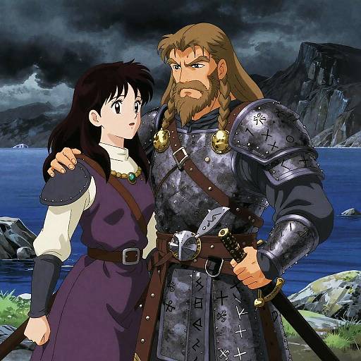 Anime-style digital drawing of a bearded, armored man with brown hair standing protectively beside a surprised young woman in medieval attire by a dark, storm