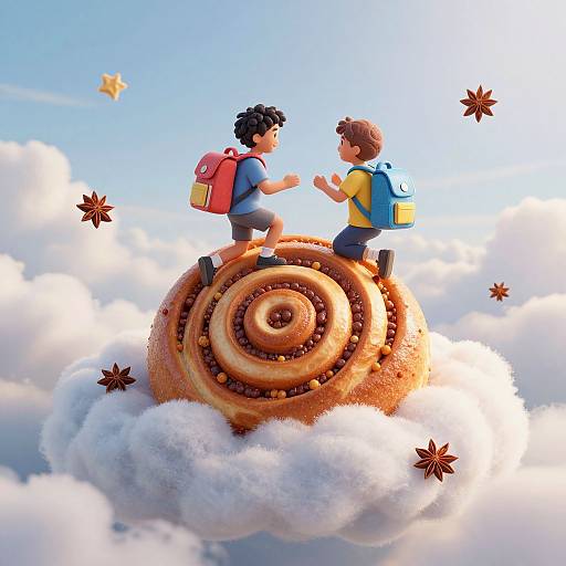Digital illustration of two boys with backpacks standing on a giant cinnamon swirl atop fluffy clouds, surrounded by star anise. Bright blue sky, whimsical