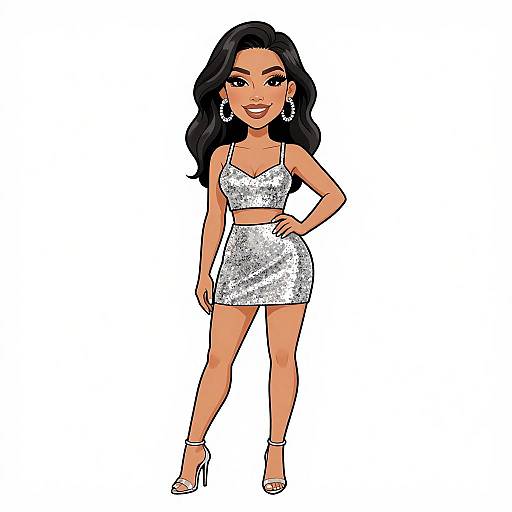 Digital illustration of a confident woman with long black hair, wearing a silver sequin crop top and matching mini skirt, white high heels, and large hoop