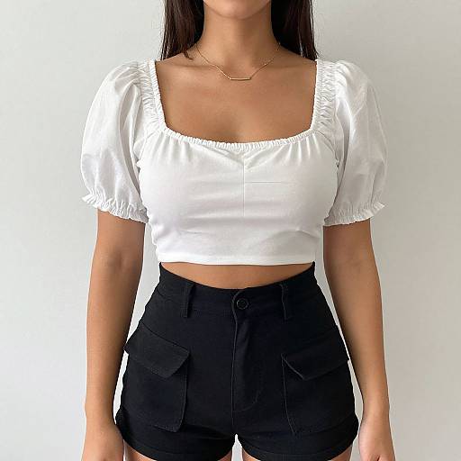 Photograph of a woman with long dark hair, wearing a white puffed-sleeve crop top and high-waisted black shorts, against a