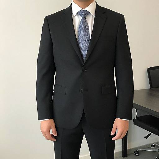 Photograph of a man in a black suit, white shirt, and blue patterned tie, standing in a minimalist office with a black desk and chair