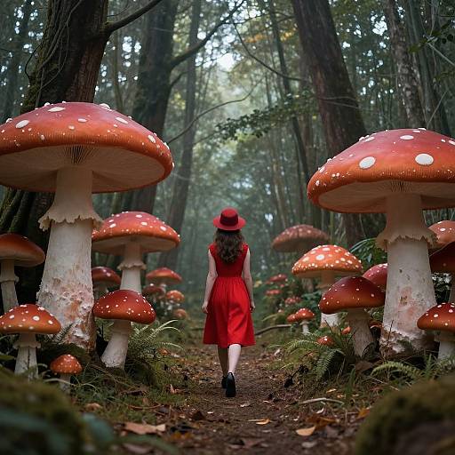 Photograph of a forest path lined with large red and white-spotted mushrooms, a woman in a red dress and hat walking away, surrounded by fern