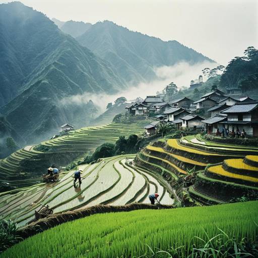 Farmers Planting Rice Terraces in Misty Mountain Village