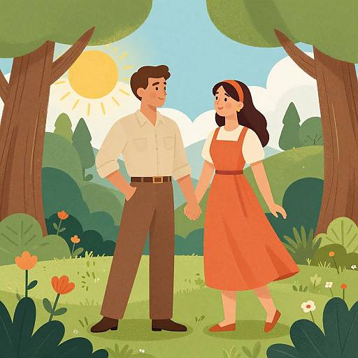 Cartoon illustration of a smiling couple holding hands in a sunny, green forest. Man in white shirt and brown pants, woman in red dress and white