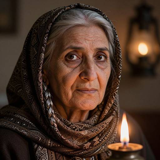 Photograph of an elderly woman with wrinkled skin, gray hair, and deep brown eyes, wearing a patterned black headscarf, illuminated by