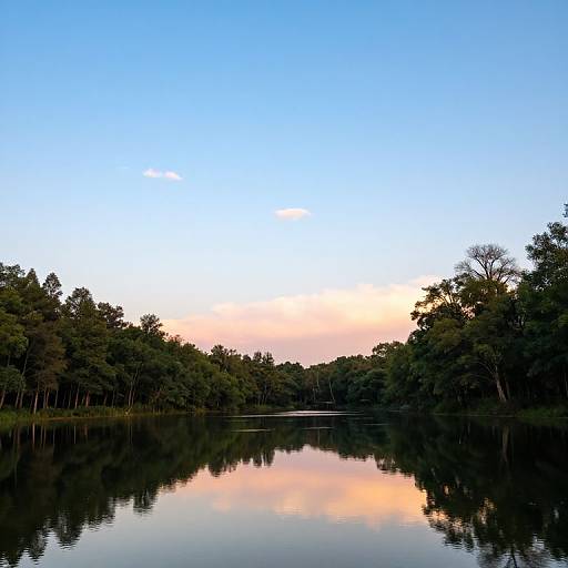 Photograph of a serene lake at sunset, reflecting a clear blue sky with pink and orange hues, surrounded by dense, green trees.