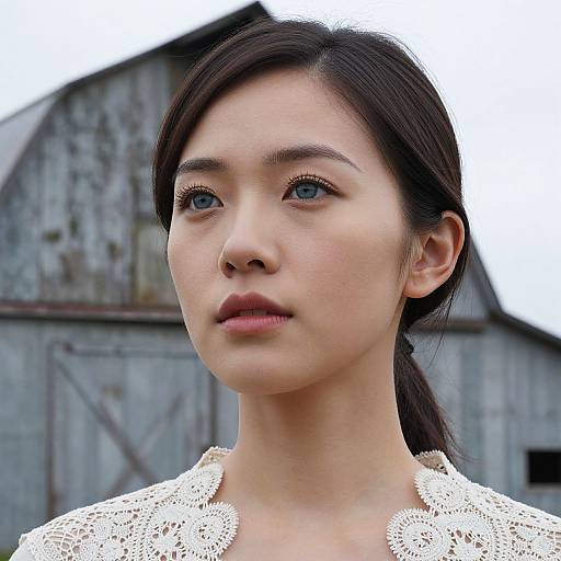 Photograph of an Asian woman with fair skin, blue eyes, and dark hair in a ponytail, wearing a white lace top, standing in front