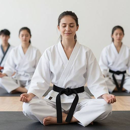 Photograph of three women in white karate gi uniforms with black belts, seated in meditation, eyes closed, in a bright room.