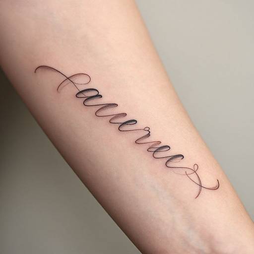 Photograph of a forearm with elegant black cursive tattoo of 