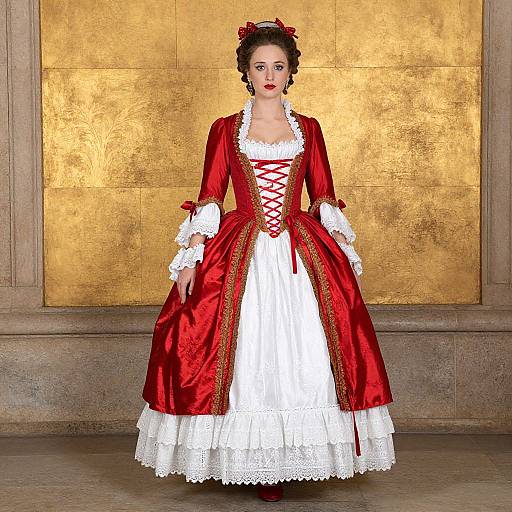 Photograph of a pale-skinned woman in a vibrant red and white Rococo-style dress with lace trim, red ribbons, and a gold backdrop