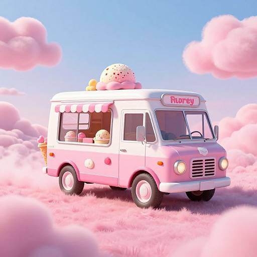 Whimsical digital illustration of a pink ice cream truck named 