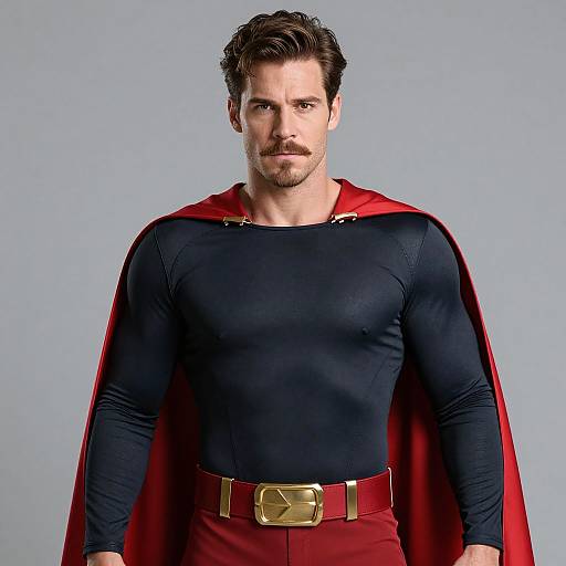 Photograph of a muscular man with dark hair and mustache, wearing a black superhero suit, red cape, and gold-trimmed belt, standing