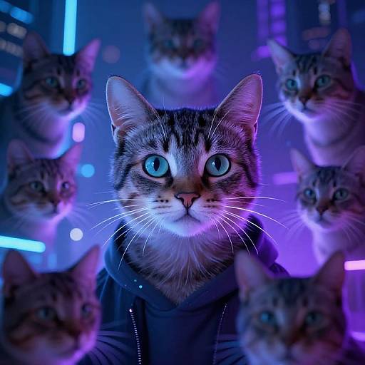 Photograph of a blue-eyed, tabby cat with white markings, surrounded by seven similarly colored cats, all illuminated by vibrant purple and blue neon lights