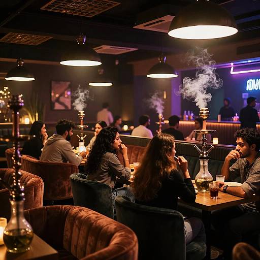 Photograph of a dimly lit, cozy smoke-filled bar with brown velvet booths, round white ceiling lights, and patrons smoking hookahs, creating