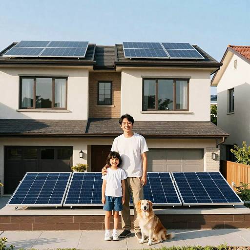 Single Parent and Child with Dog by Solar Panels at Urban Townhouse