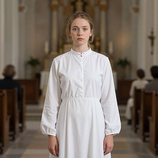 Photograph of a young girl with fair skin and light brown hair, wearing a long white dress, standing in a blurred church with wooden pews and