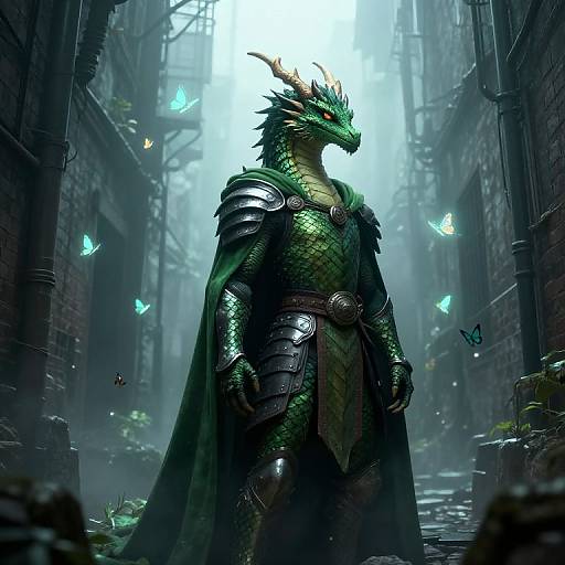 Anthro Dragon in Foggy Alley