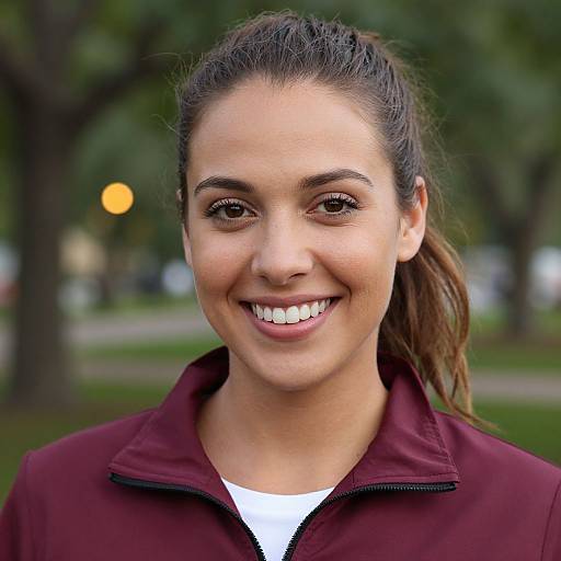 Photograph of a smiling young woman with olive skin, brown eyes, and brown hair in a ponytail, wearing a maroon zip-up jacket over