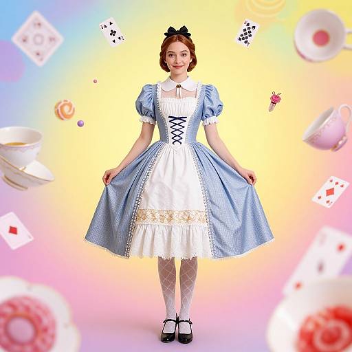 Photograph of a red-haired woman in a blue and white Alice in Wonderland-style dress, standing against a pastel gradient background with floating playing cards and