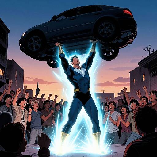 Superhero in blue jumpsuit lifts black car above crowd, surrounded by bright blue energy, at sunset, urban cityscape background.