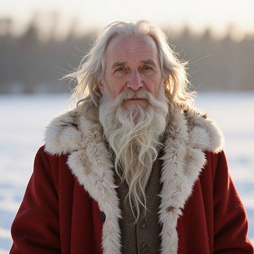 Photograph of an elderly white man with long, white hair and beard, wearing a red fur-trimmed coat, standing in a snowy landscape with
