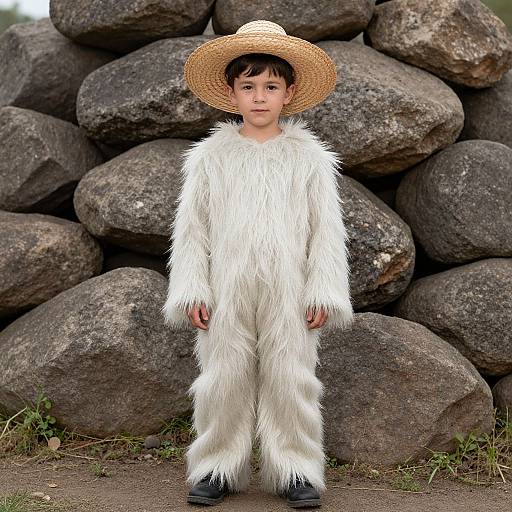 Photograph of a young boy with fair skin, dark hair, wearing a large straw hat, white fur coat, and black shoes, standing in front