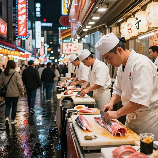 Nighttime street scene photograph of Japanese chefs in white uniforms slicing raw fish at a bustling, illuminated street food stall.