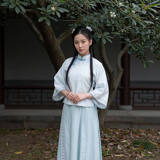 Photograph of a young Asian woman with long black hair in braids, wearing a white traditional Korean hanbok, standing under a leafy tree
