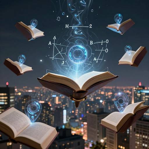 Photograph of floating, glowing books with blue ethereal symbols above a cityscape at night, showcasing magical, scientific book magic.