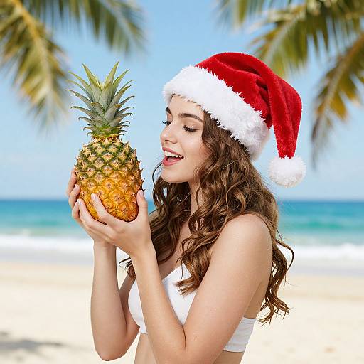 Photograph of a smiling young woman with wavy brown hair, wearing a red Santa hat and white bikini, holding a pineapple on a sunny tropical beach