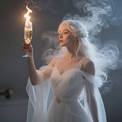 Photograph of a pale-skinned, white-haired woman in a flowing, off-shoulder white dress, holding a flaming champagne flute, surrounded by